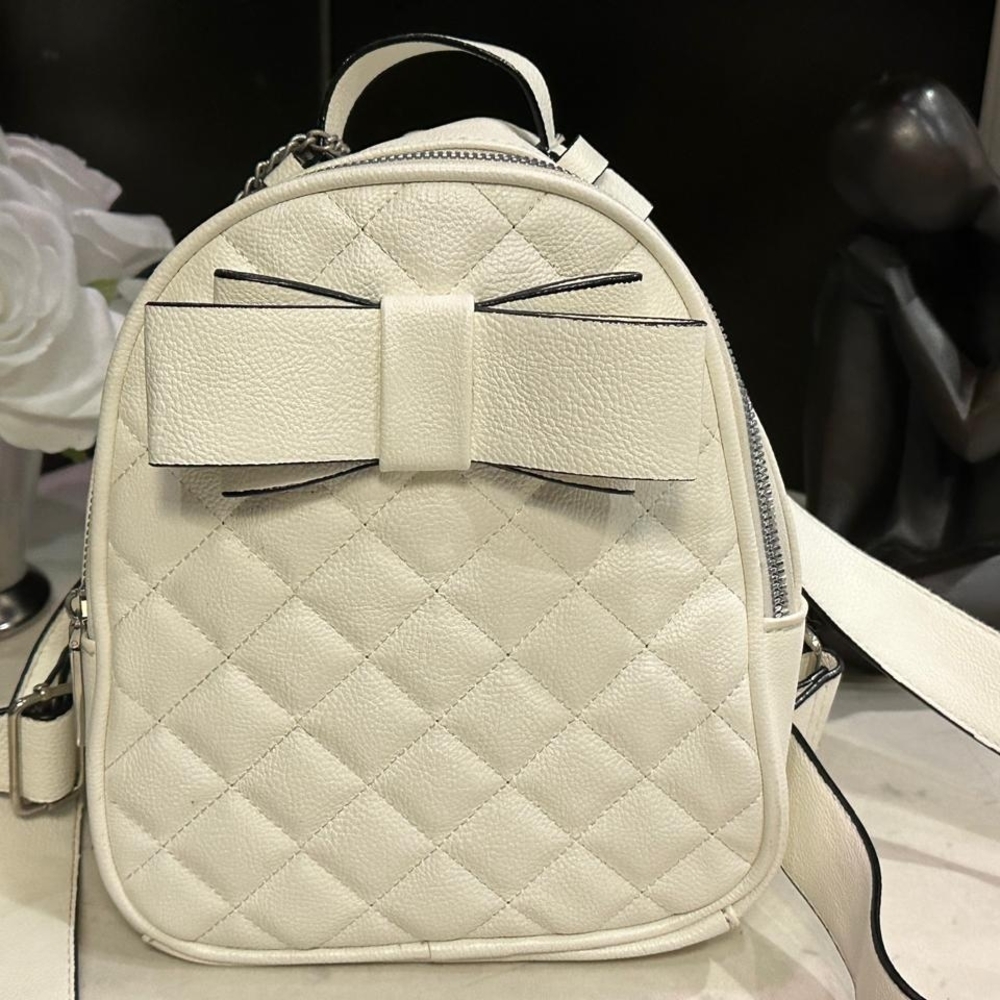 Betsey Johnson White Quilted Backpack with Bow